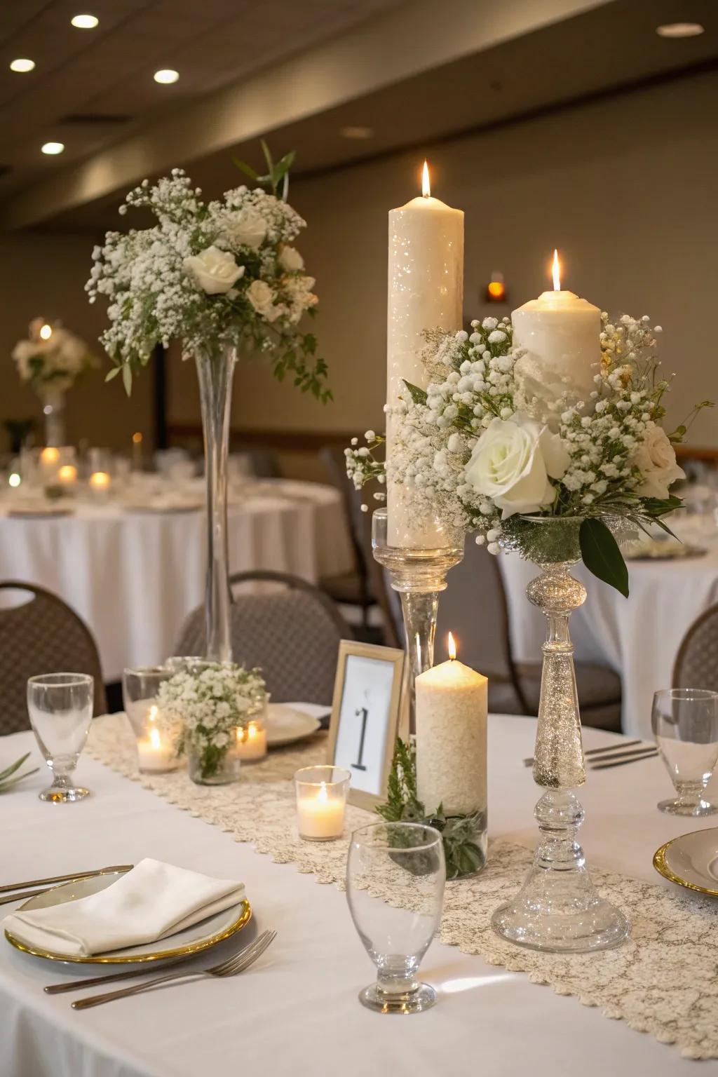 Dynamic centerpieces with varied heights create visual interest.