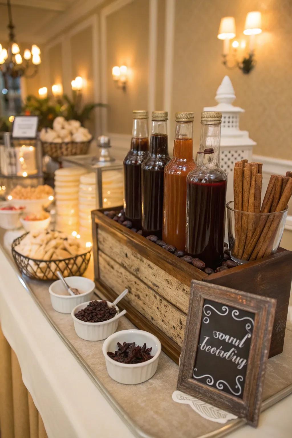 An accent station with flavored sweeteners and cocoa shavings.