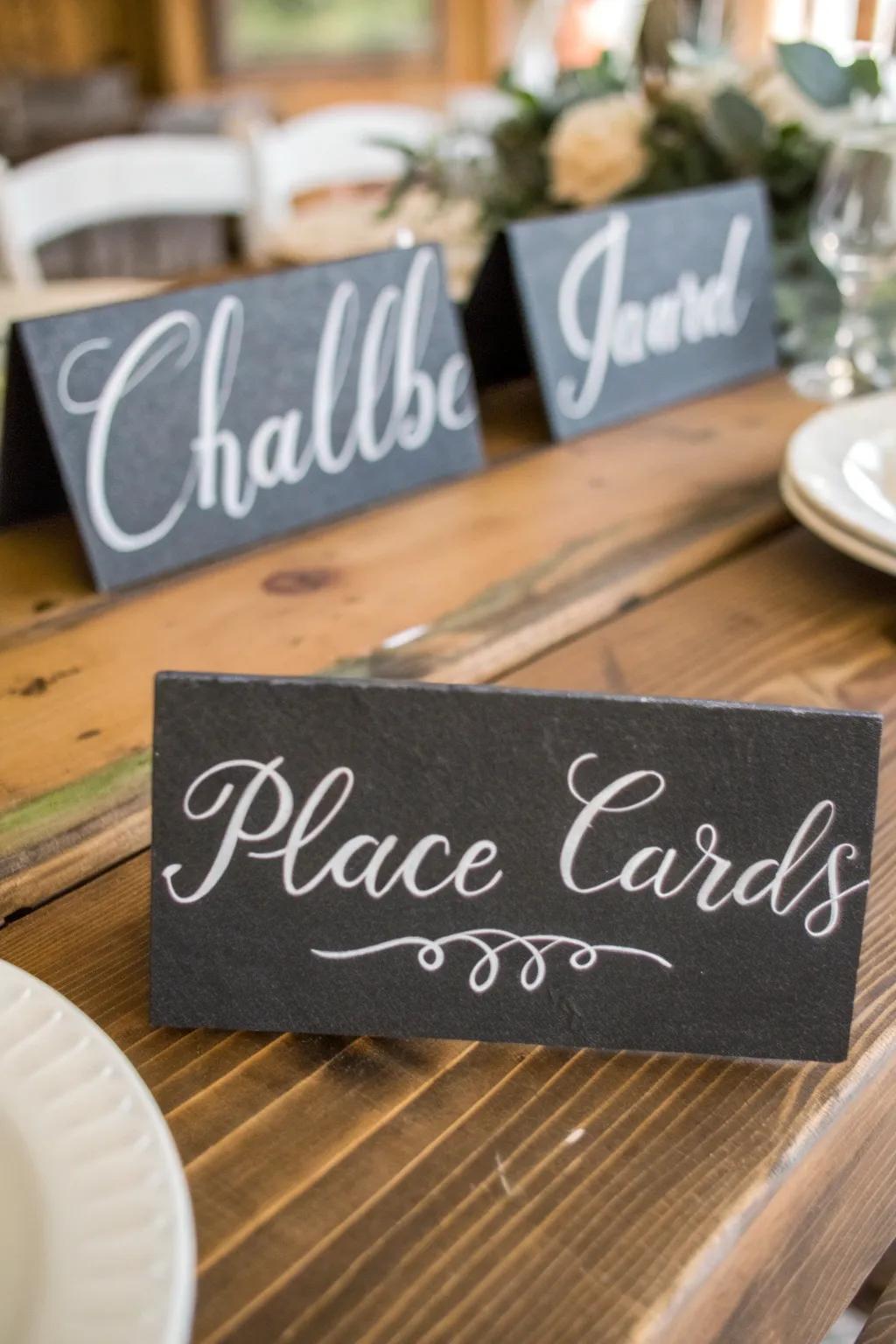 Chalkboard place cards for a rustic and reusable wedding favor