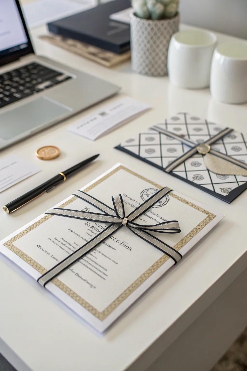 A modern criss-cross ribbon tie on a wedding invitation.