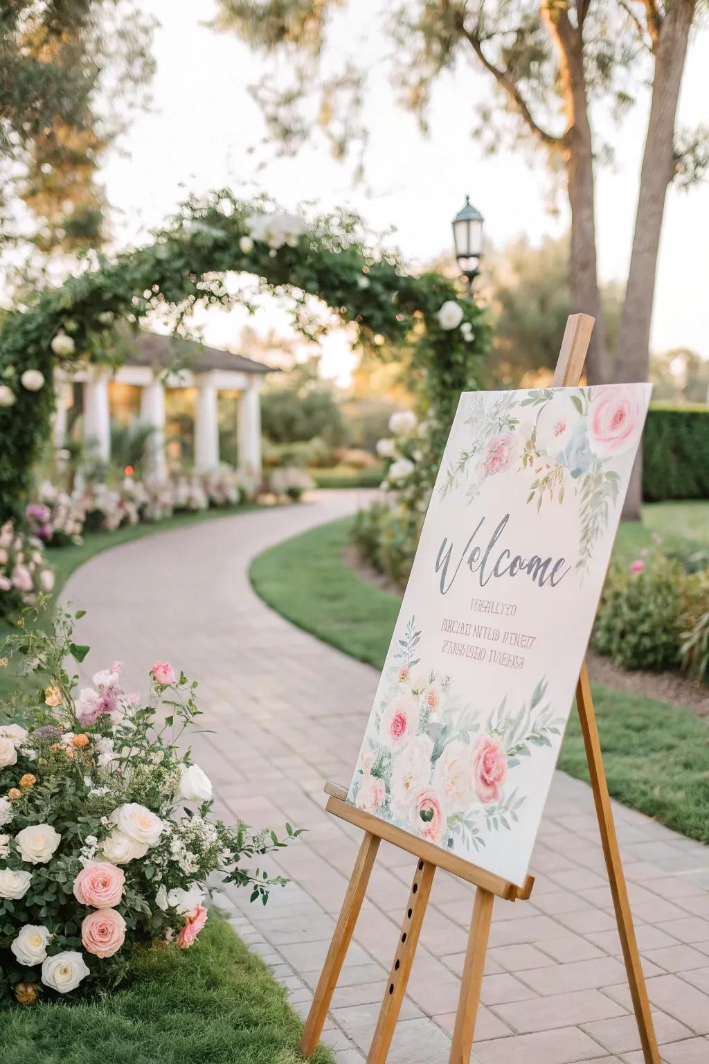 An imaginative liquid color greeting board with pastel colors, ideal for a garden wedding.