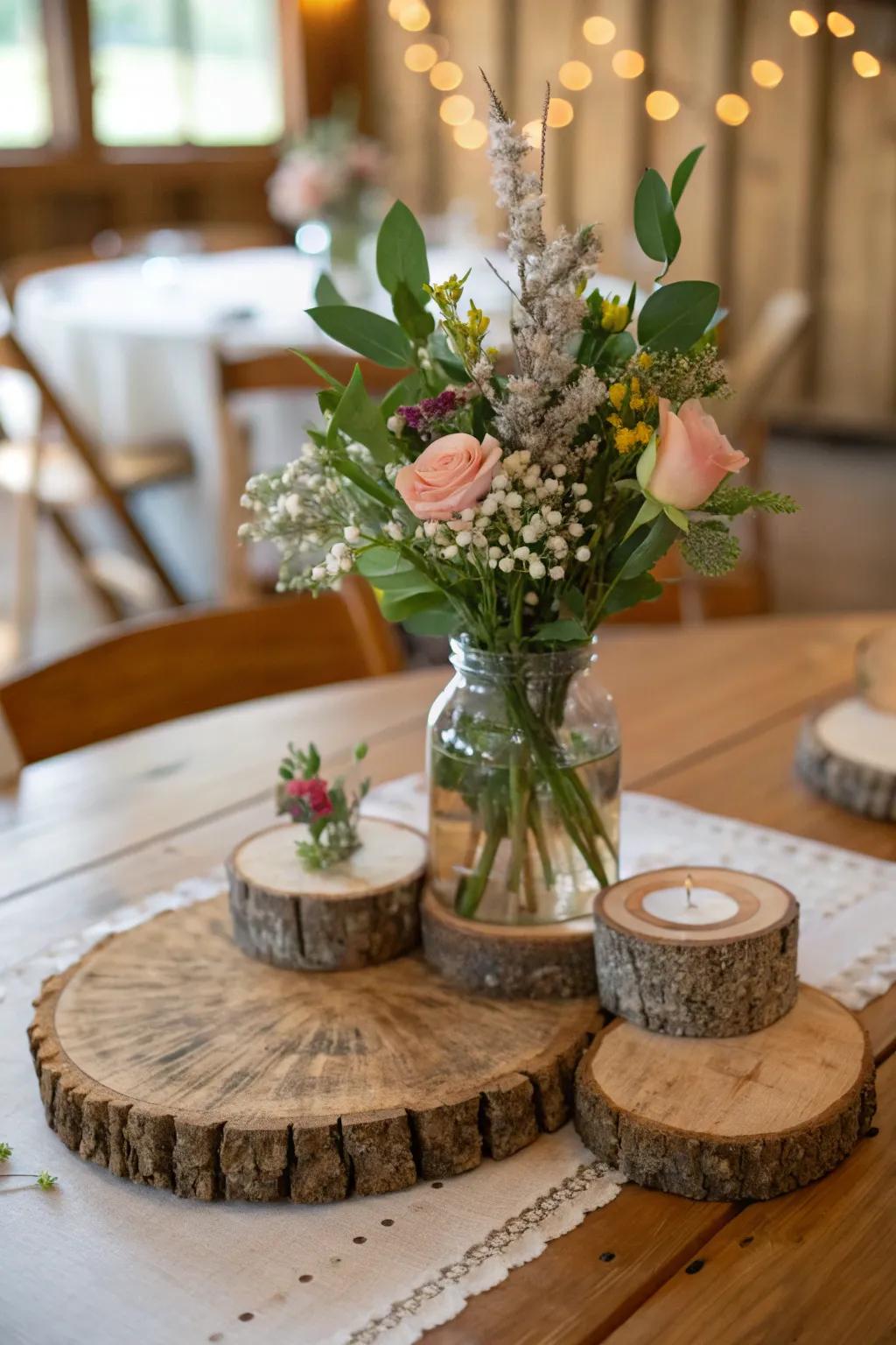 Wood cuts infuse organic elevation and surface interest into any centerpiece.