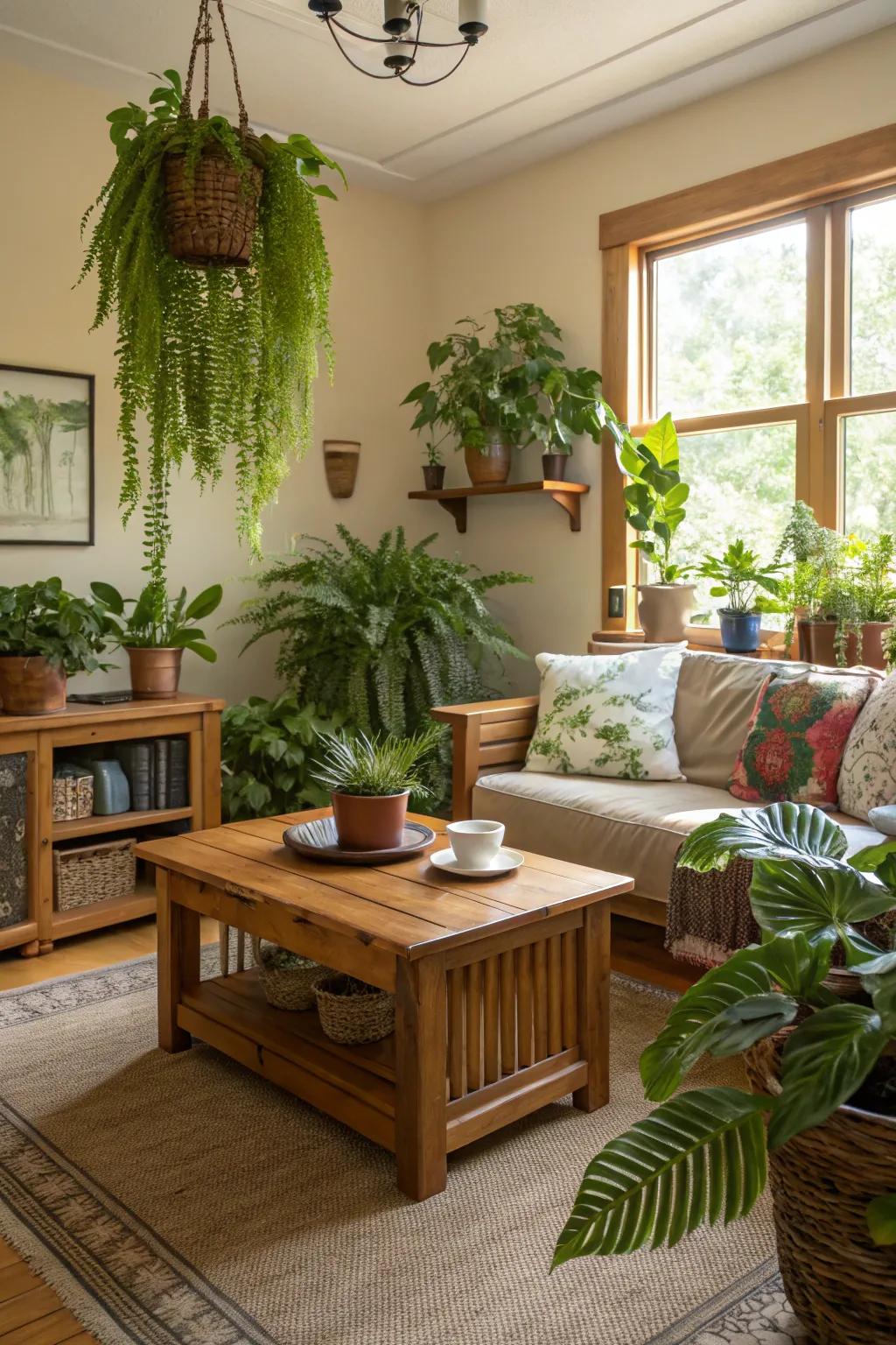 A living space showcasing natural materials and lush greenery.