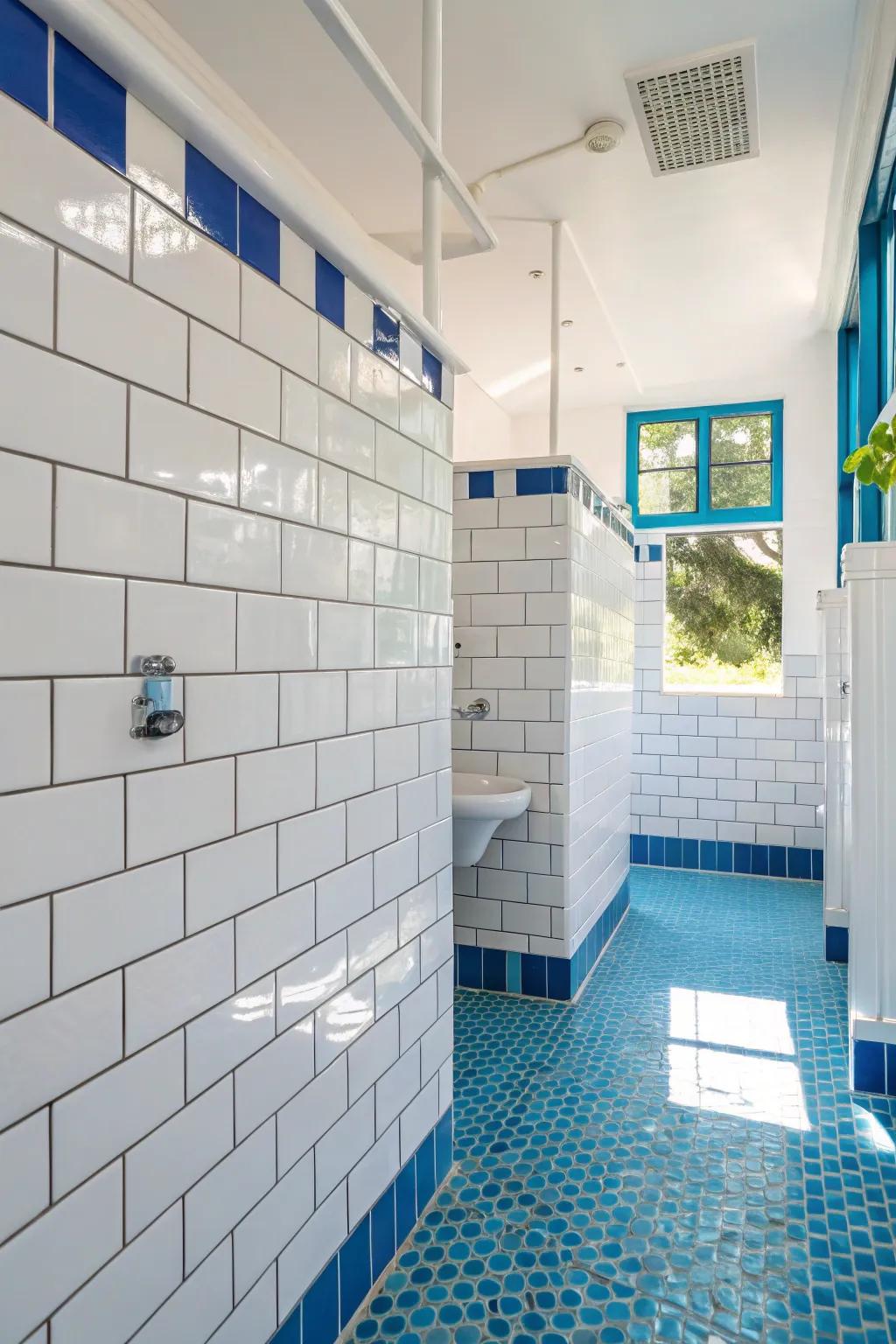 Sky blue grout introduces a playful and vibrant touch to white tiles.