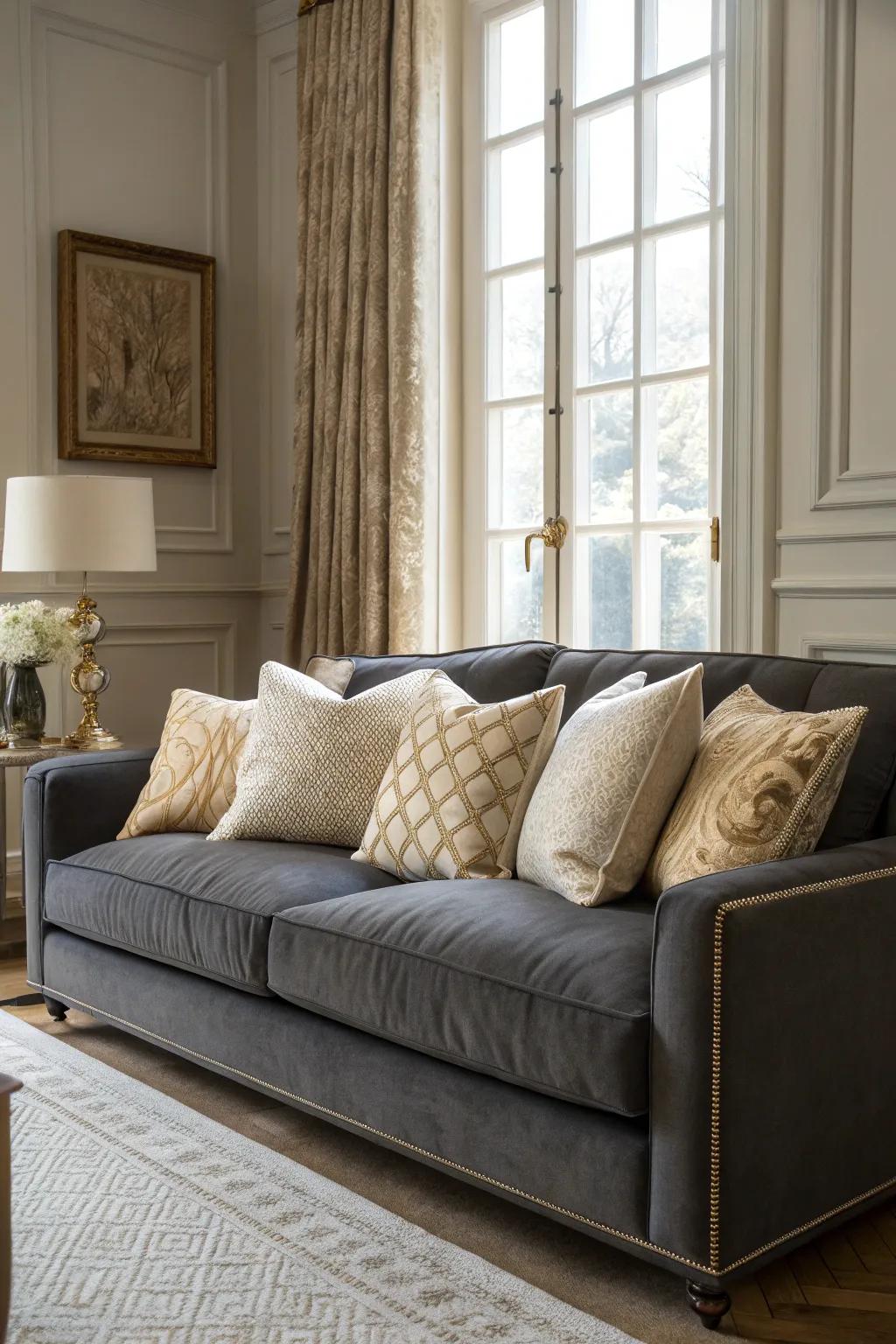 Natural pillows in sand and ivory create a sophisticated look on a dark grey sofa.
