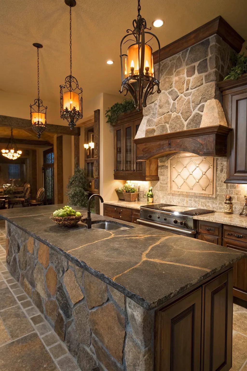 Lava rock countertops contribute a rustic yet opulent feel to your cooking space.