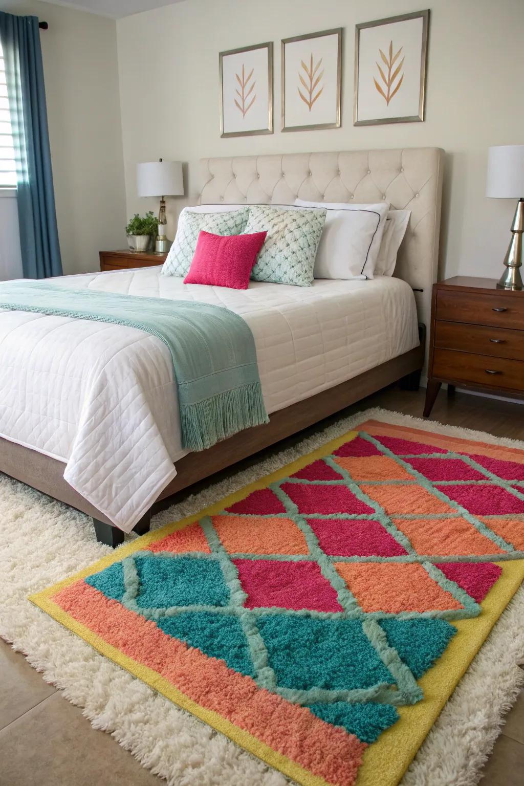 Two 4x6 rugs introduce an artistic, personalized element to a unique bedroom design.