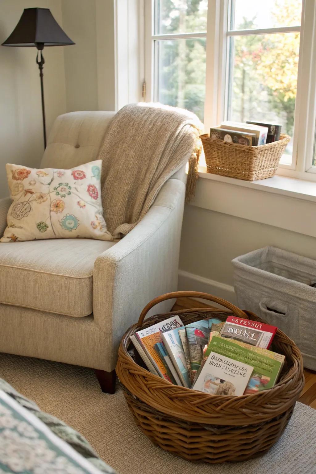 Picture a reading corner with a basket filled with your cherished magazines and books.