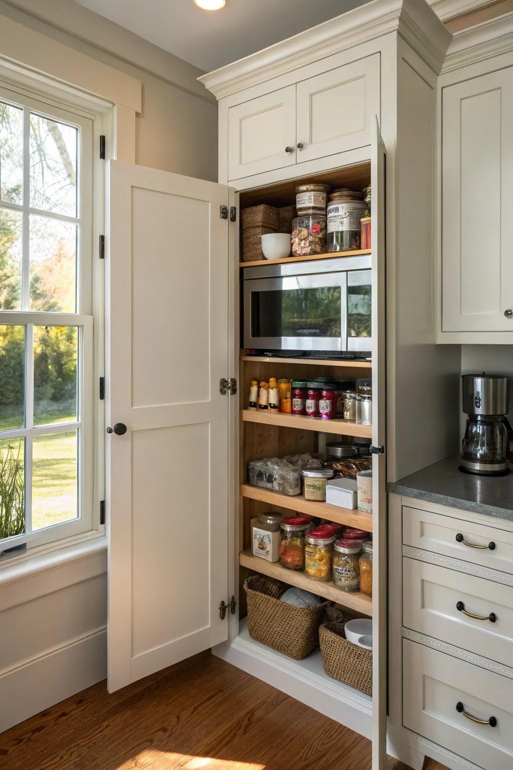 An electronic cooker discreetly positioned in a kitchen pantry.
