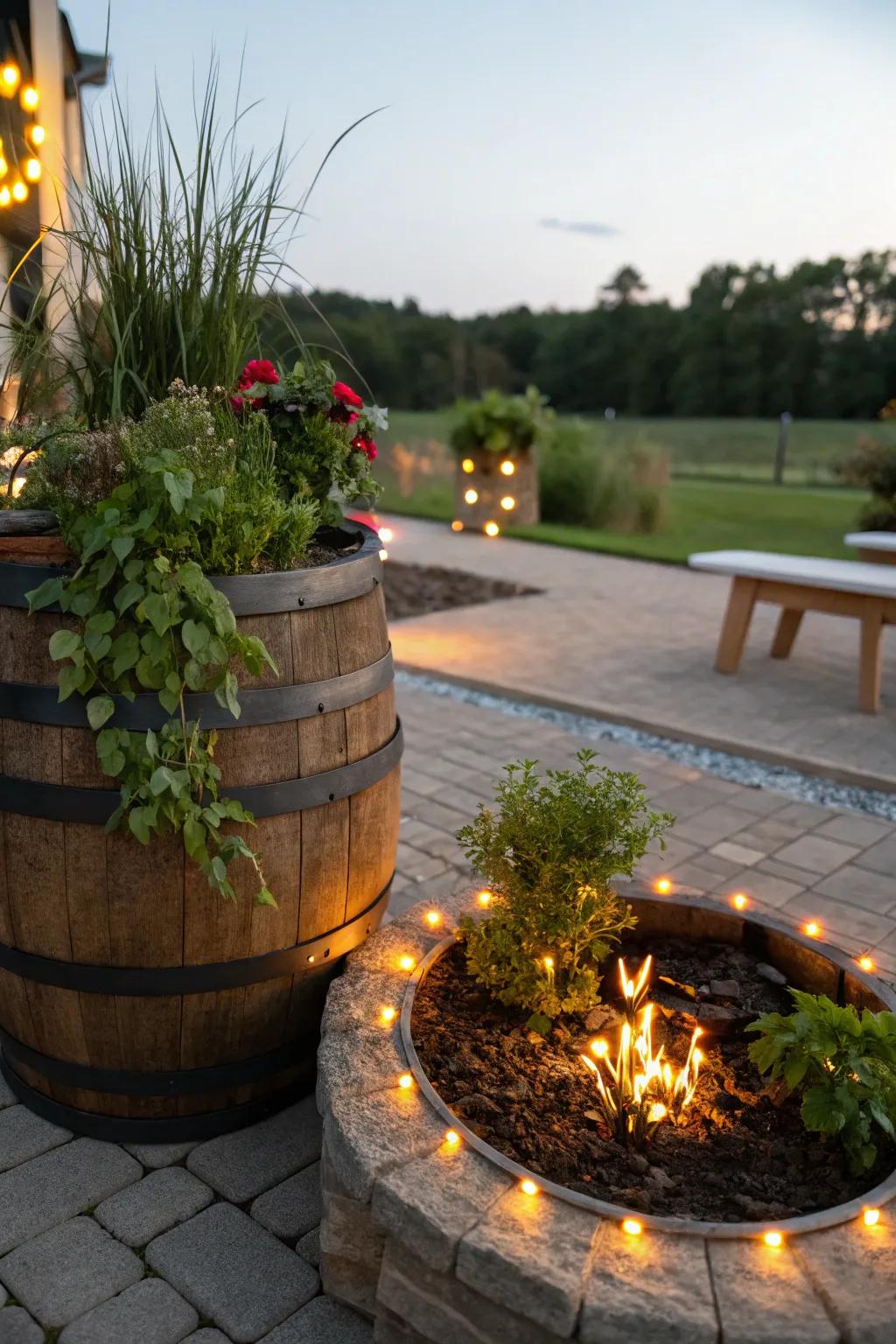 A cozy blaze pit emphasized by a repurposed cask planter and LED lights.