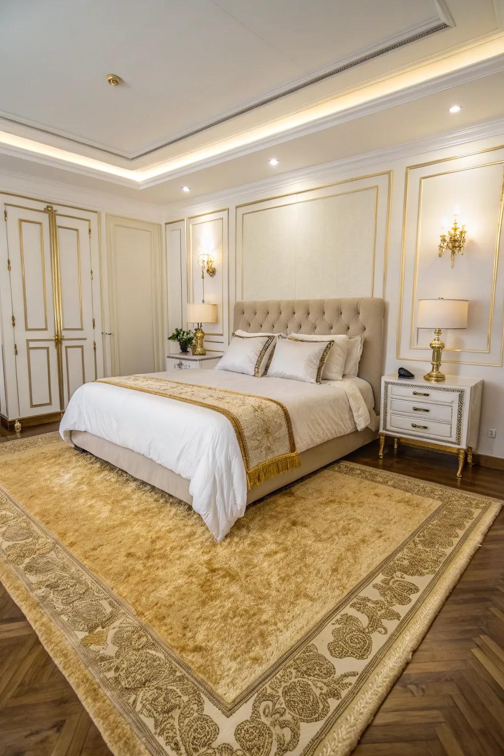 A plush gold rug anchors and warms the space.