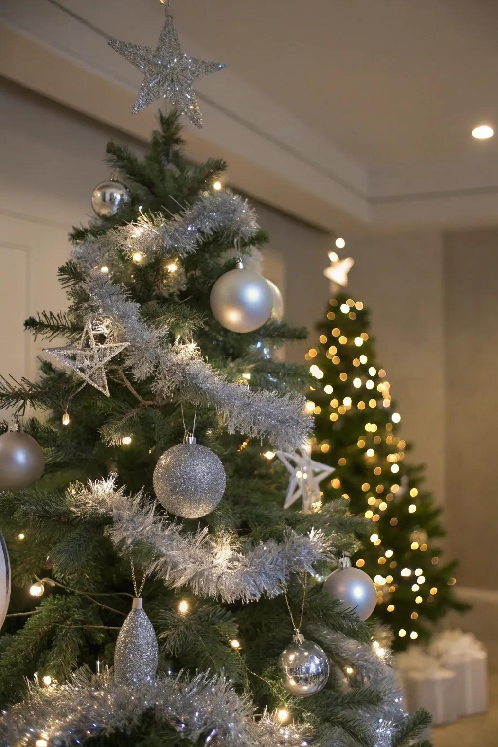 Cool white lights introduce a frosty glow to the tree.