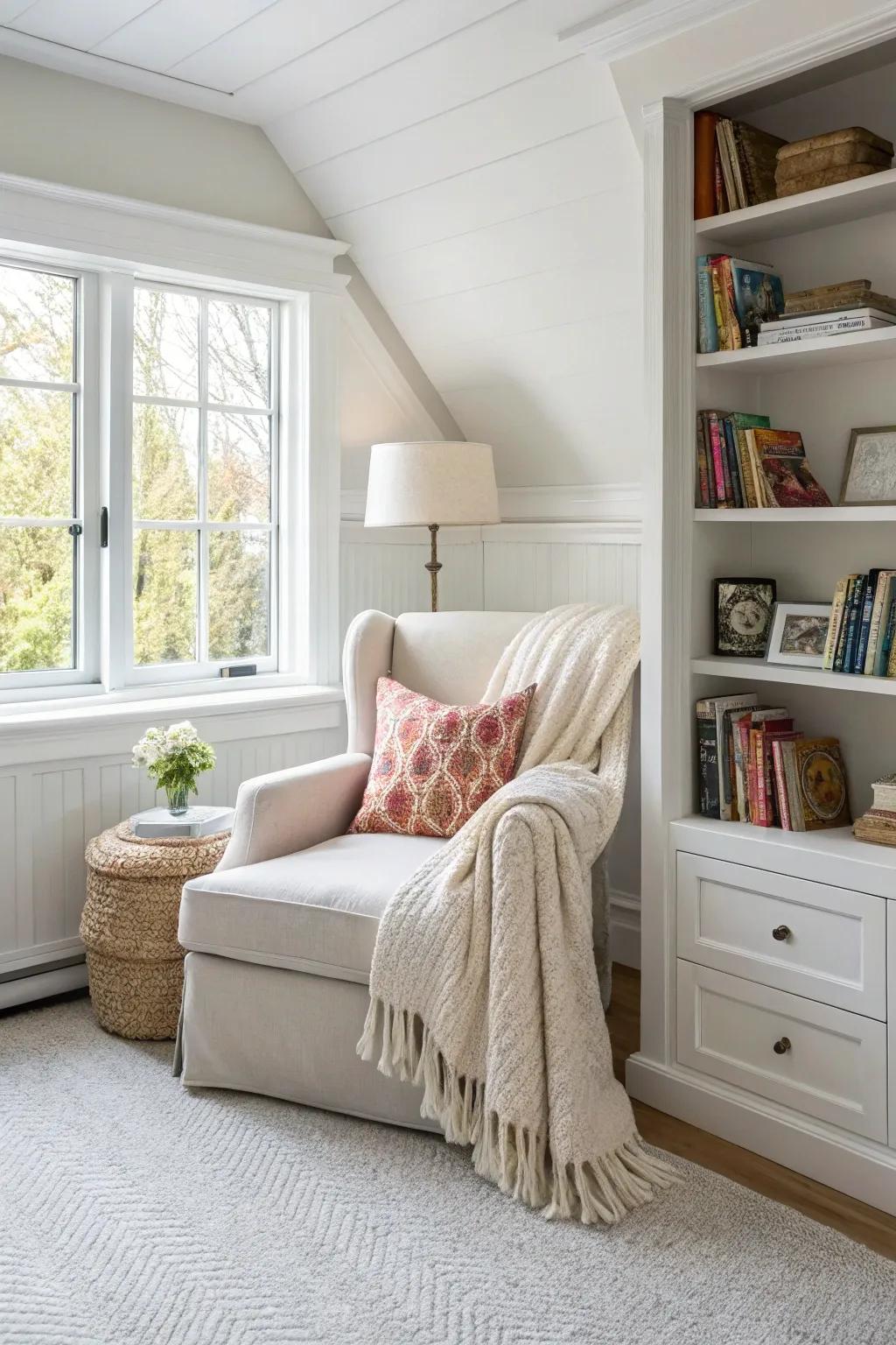 A snug nook offers a secluded hideaway in a white bedroom.