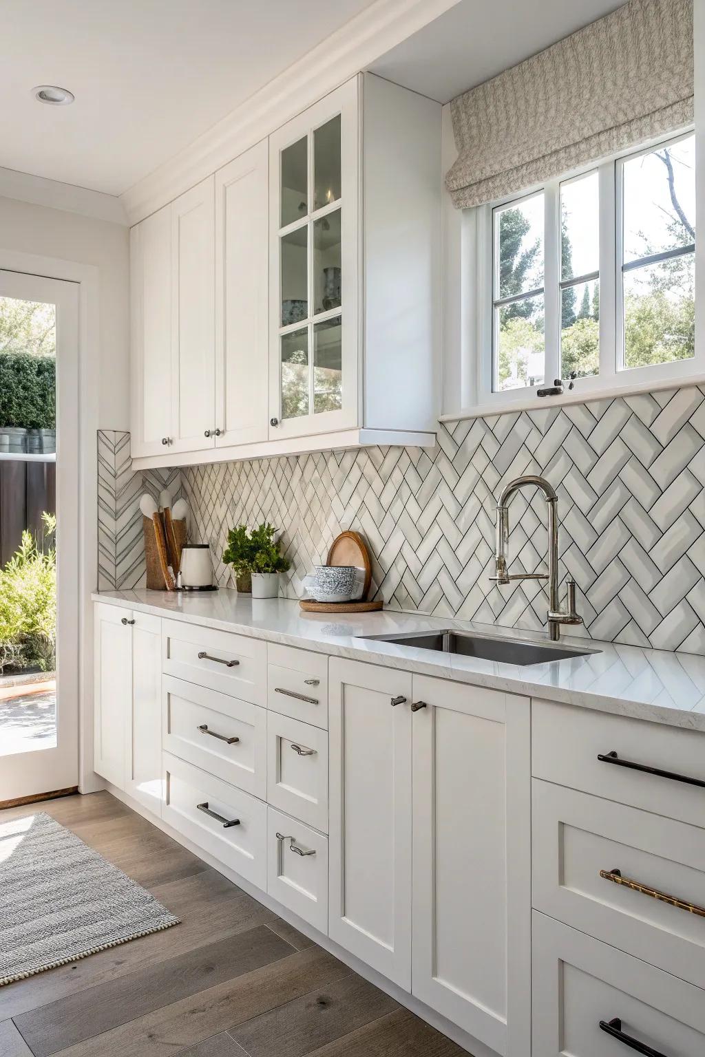 Angular tiles contributing a fashionable dynamism to white cabinetry.