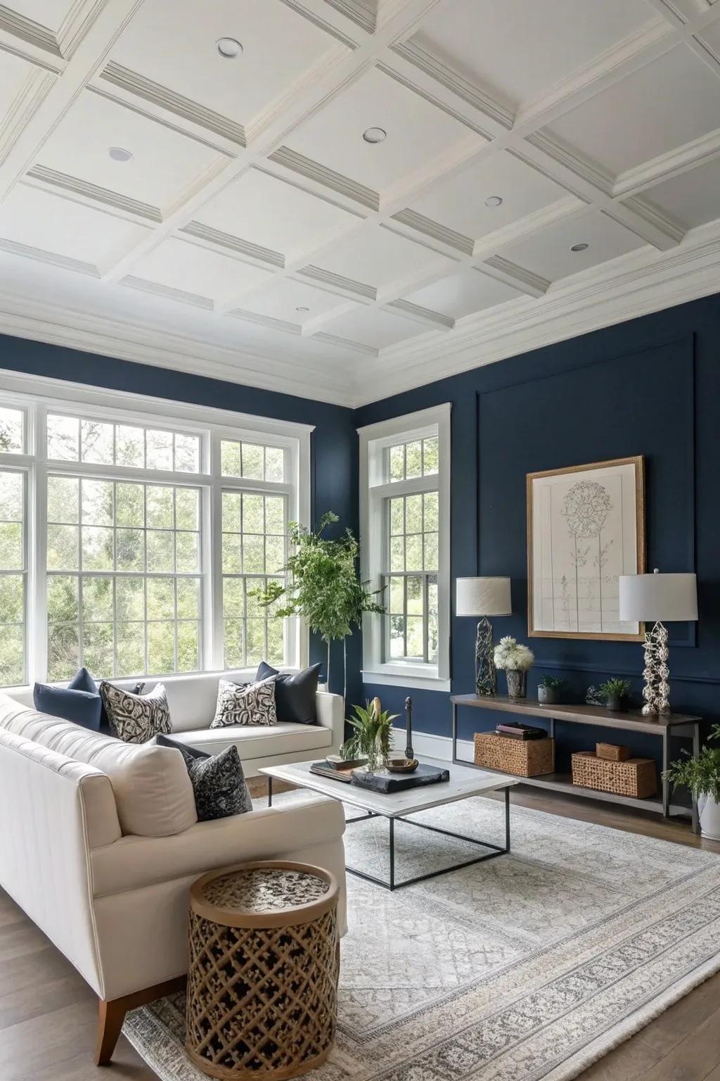 A living room with a white ceiling and bold wall colors that create a striking contrast.