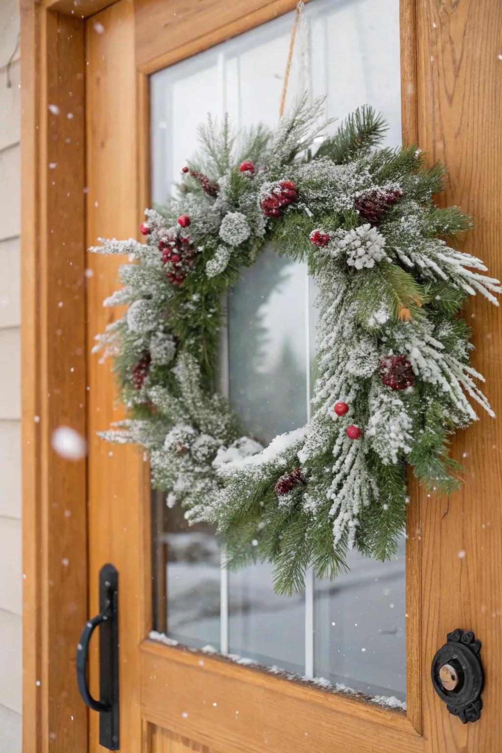 A white wreath establishes the ambiance for a festive entryway.