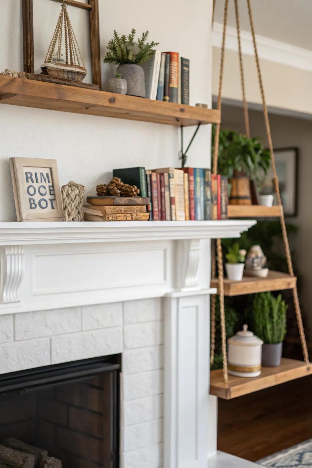 Functional floating shelves enhance the usability of a white fireplace.