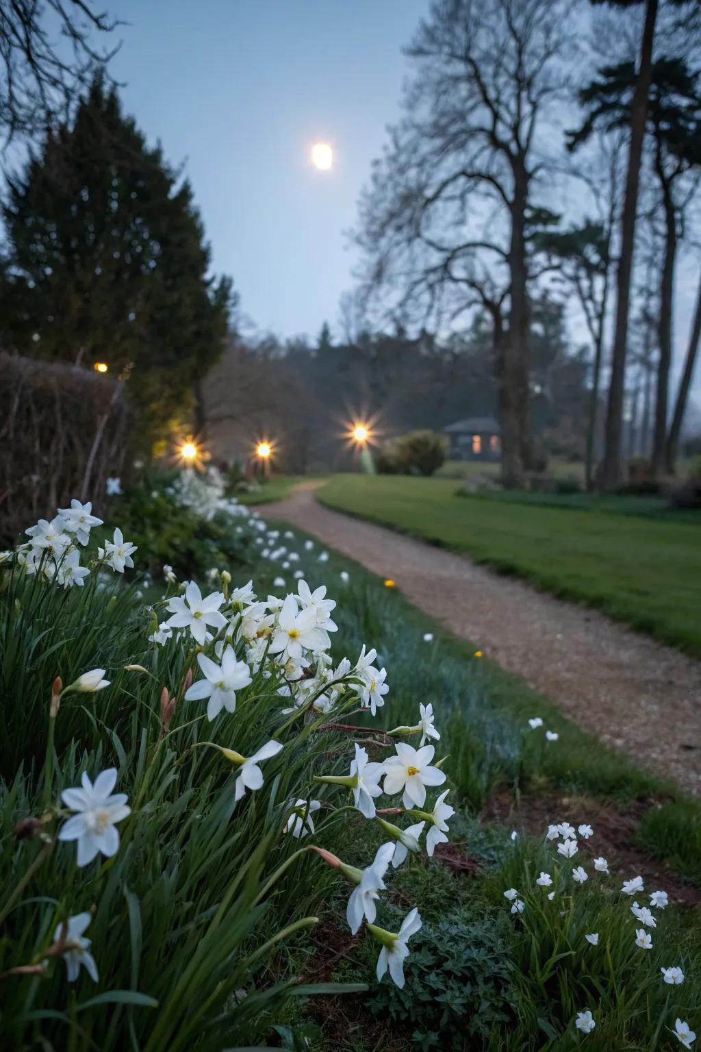 White flowers shine beautifully under moonlight, crafting a magical garden scene.