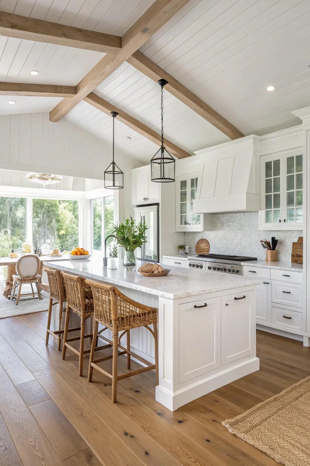 Natural wood accents bring warmth to the white kitchen.