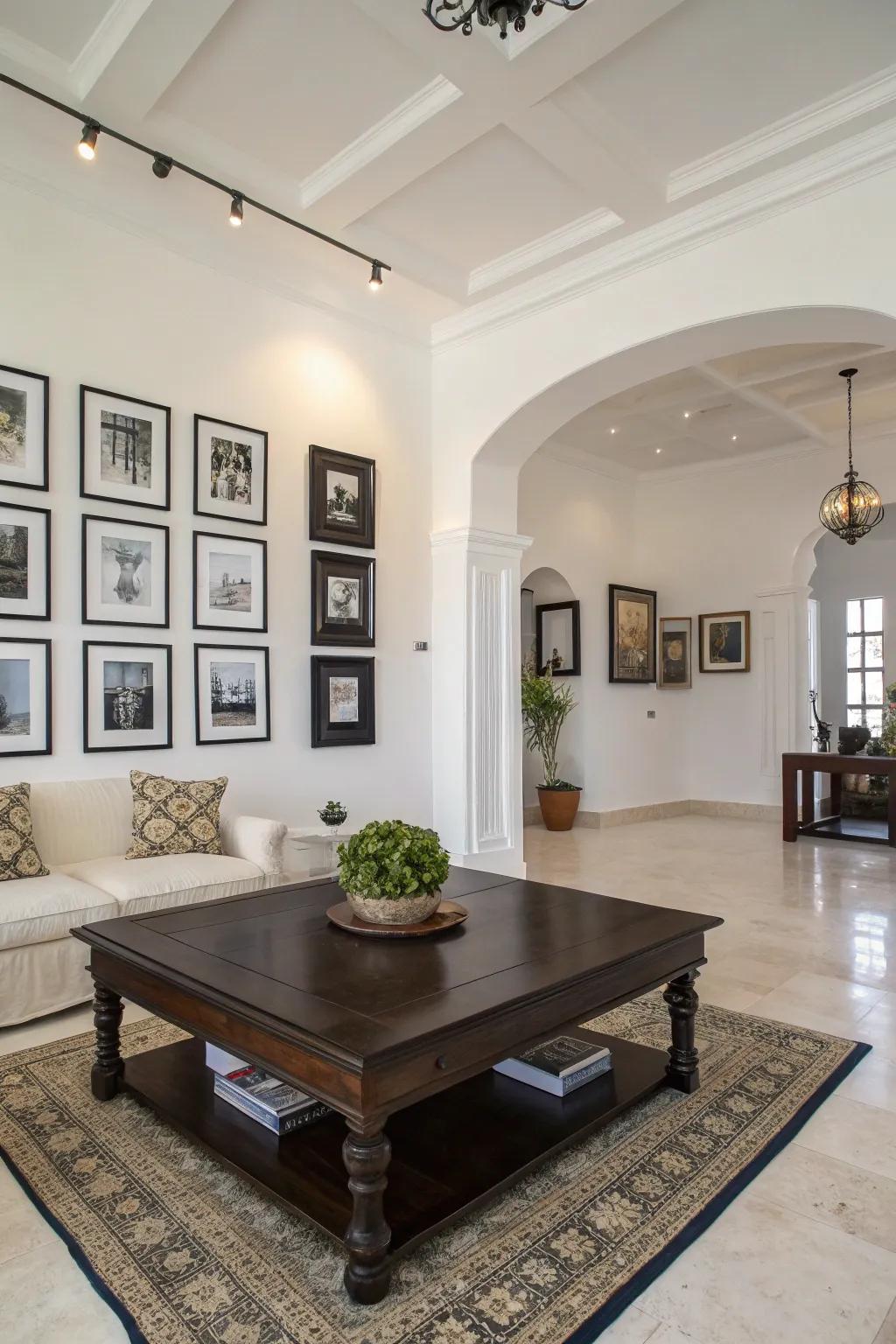 Contrasting pieces establish a dynamic balance in a bright space.