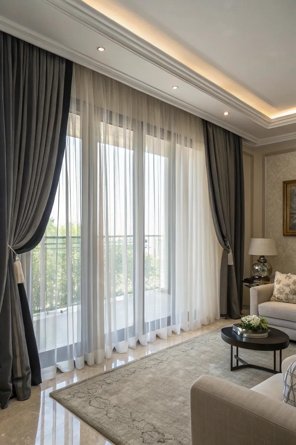 Layered curtains create a versatile and luxurious solution.