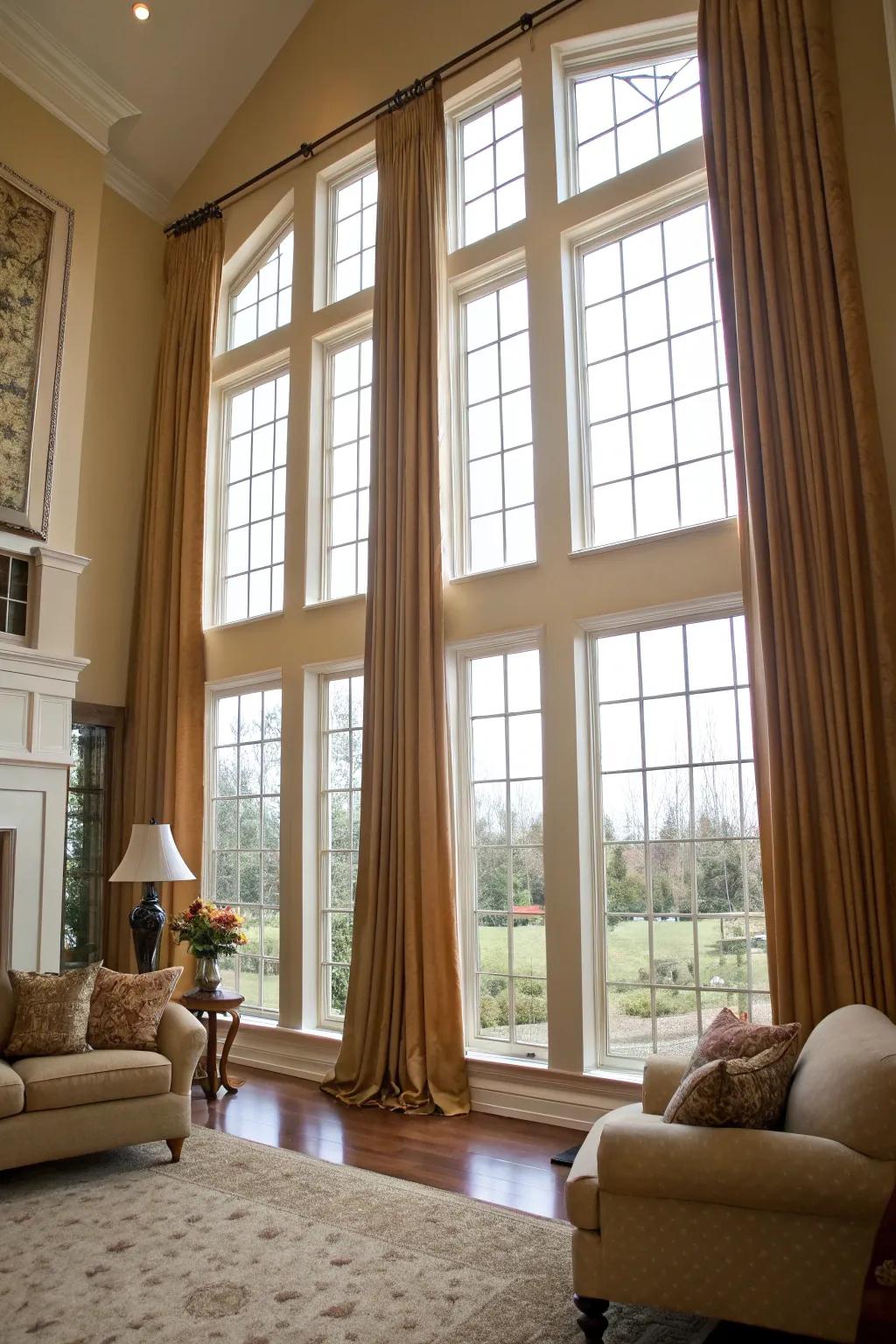 Floor-to-ceiling drapes accentuate the height of this living room.