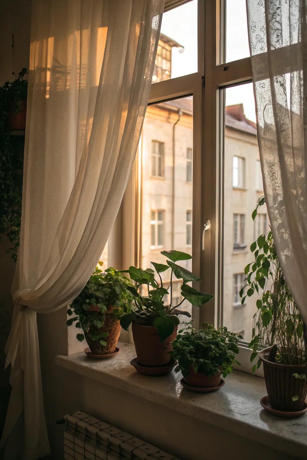 Decorative elements like curtains and plants enhance this window.