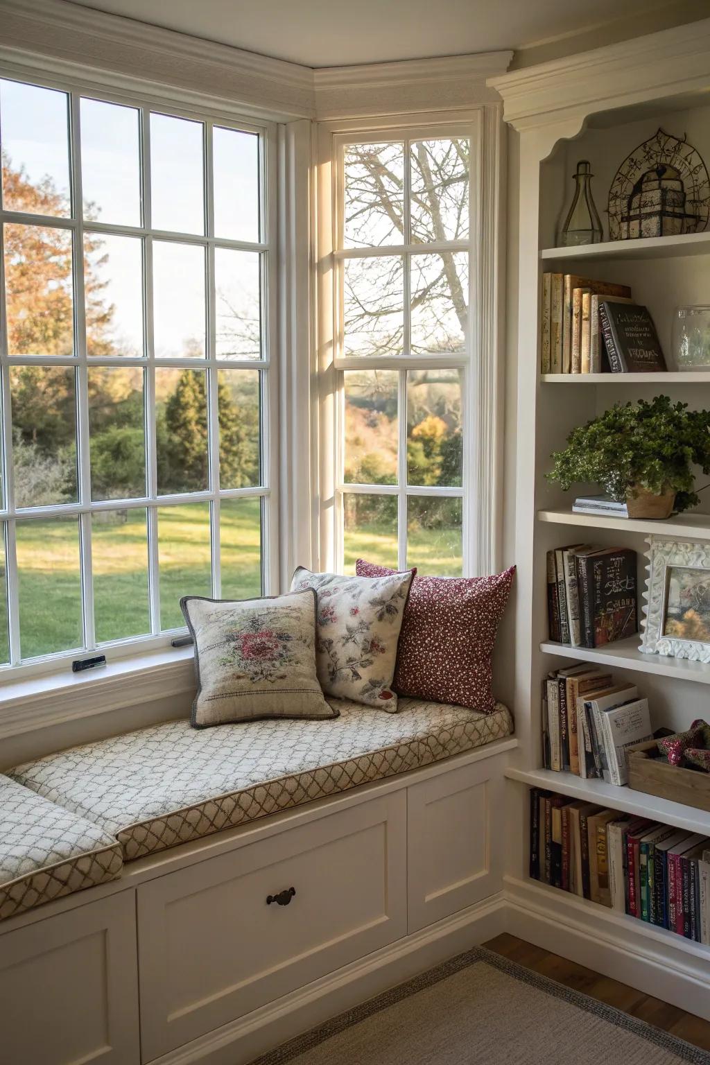 A built-in seating area enhances the functionality of your bay window.