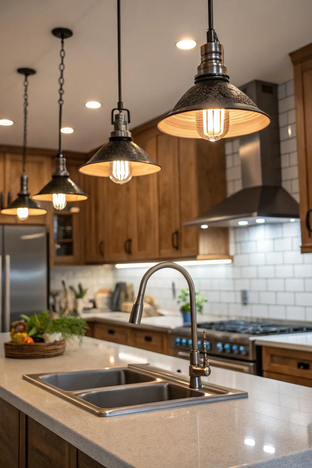 Drop lighting provides both function and a fashionable touch.