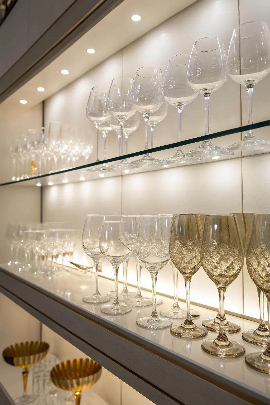 An illuminated display highlighting wine glasses.