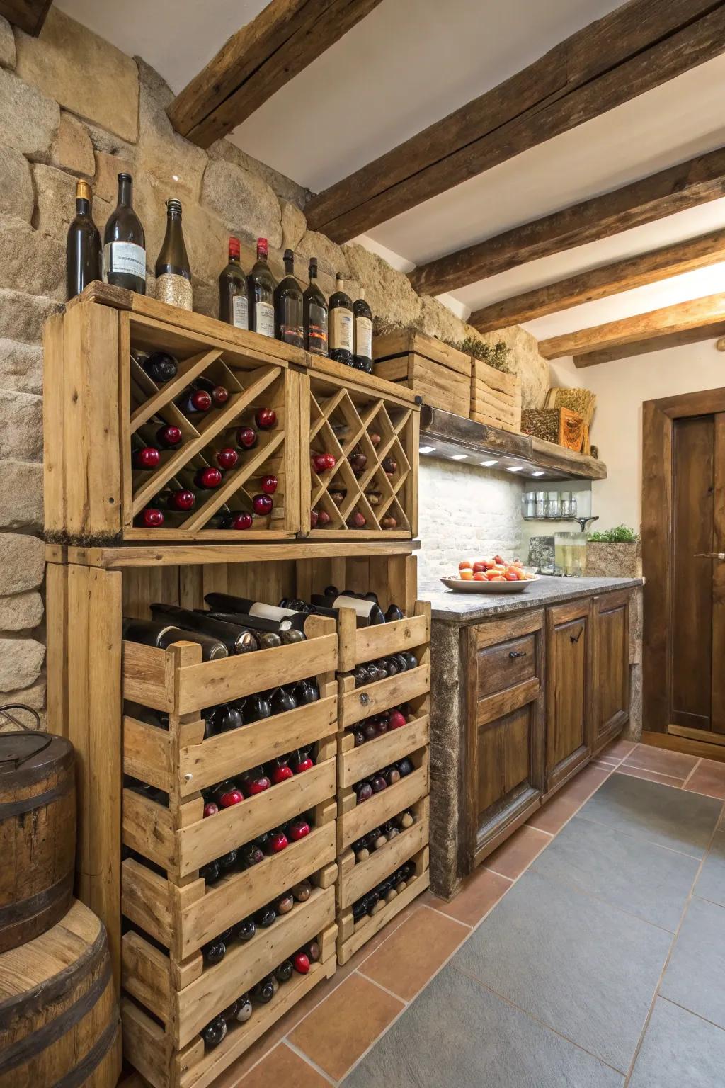 A wine rack crafted from vintage containers adding nostalgic charm.