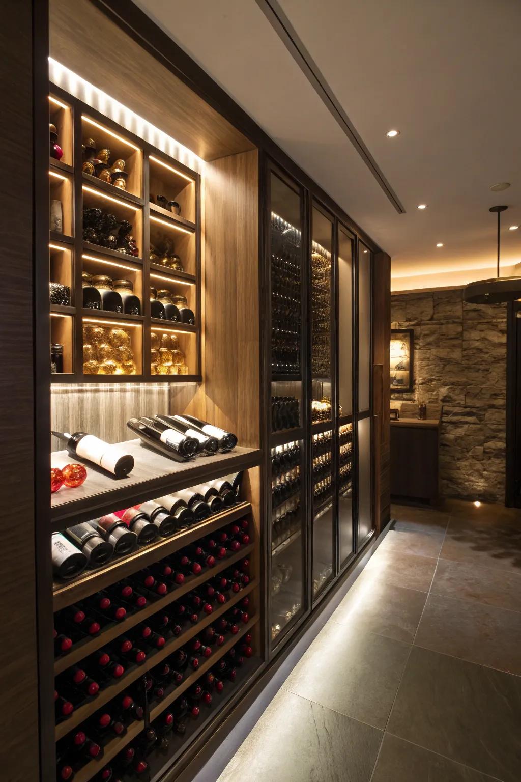 Radiant shelves converting wine bottles into an engaging showcase.