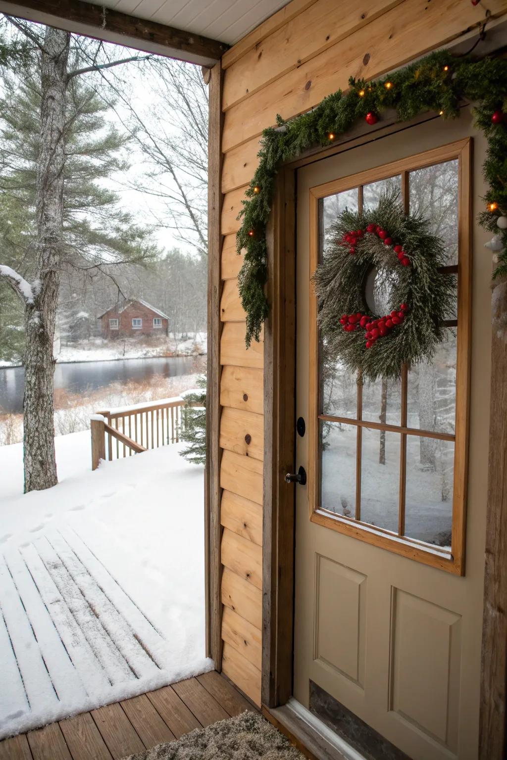 A warm and inviting winter lodge door for a cozy vibe.