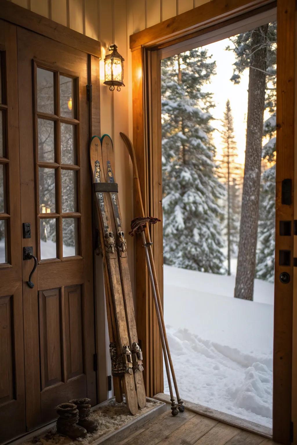Aged skis summon a snug, countryside mountain cabin sensation.