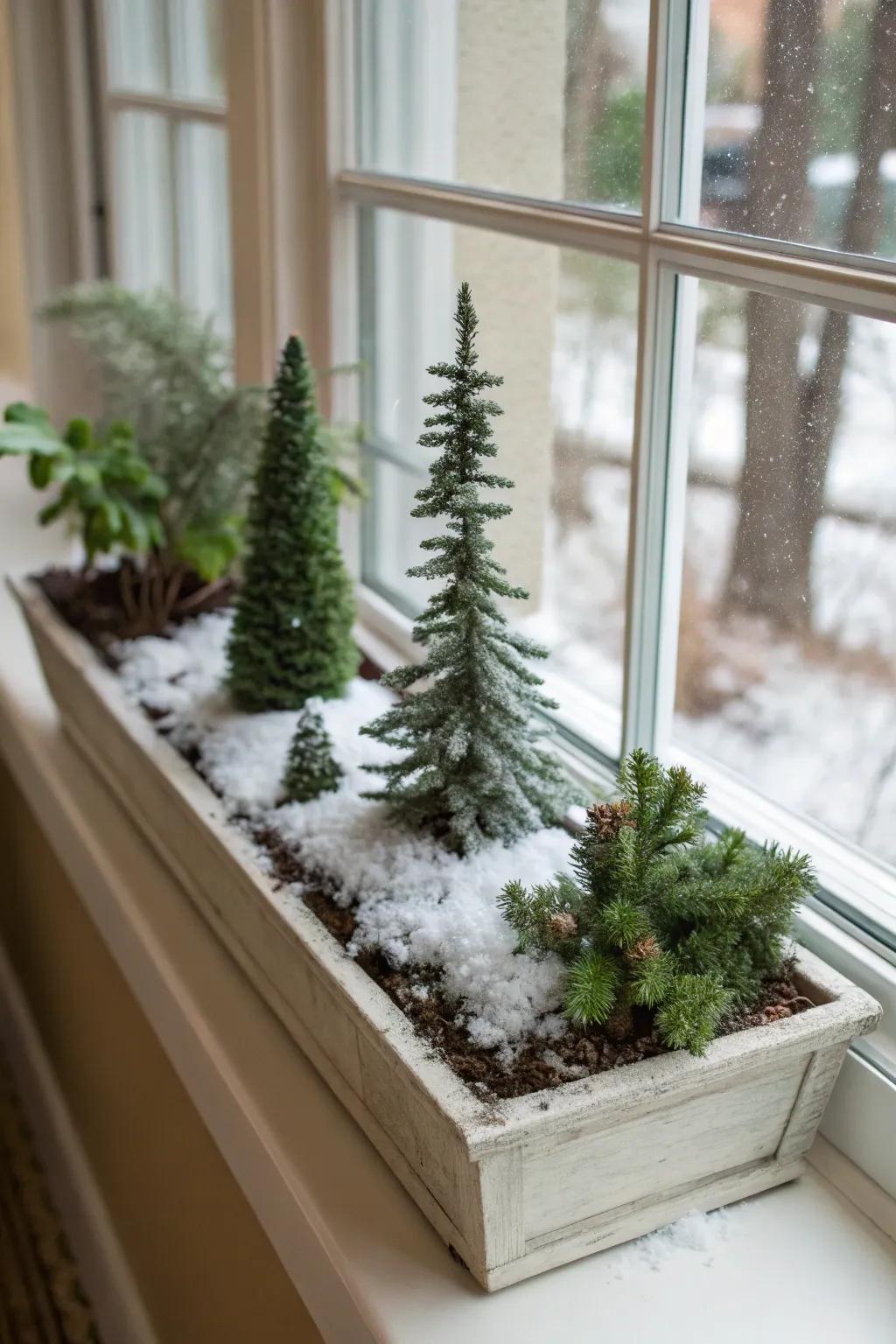 Miniature trees accompanied by simulated snow cultivate a fanciful forest vista within this window box.