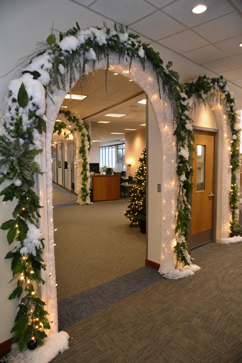 Snowy arches create a welcoming entrance into your winter wonderland office.