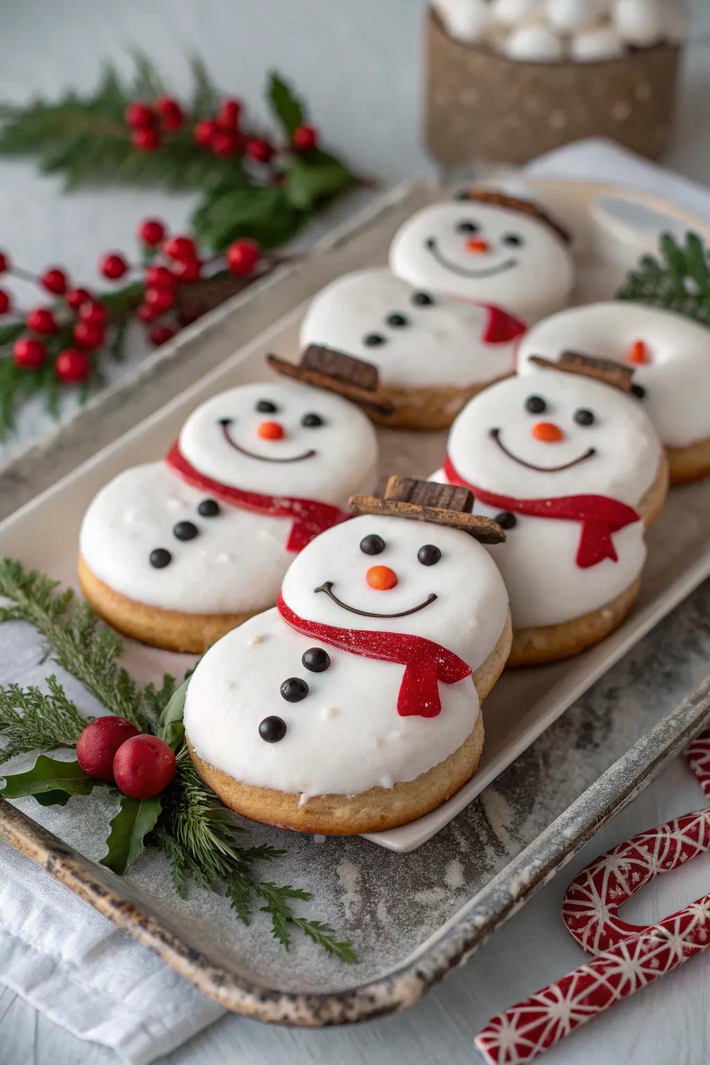 Delightful snow person doughnuts for a fun treat.
