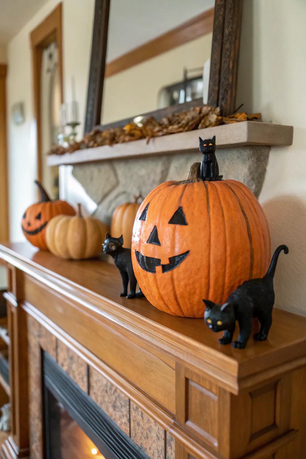 Pumpkin accompanied by mysterious onyx felines.
