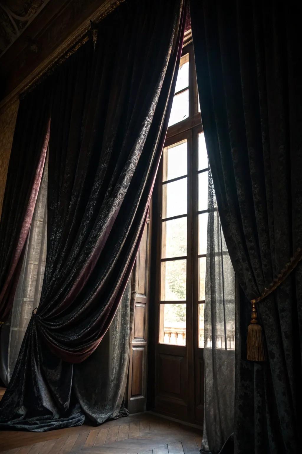 Shadowy drapery contributes a gothic impression to the retreat.
