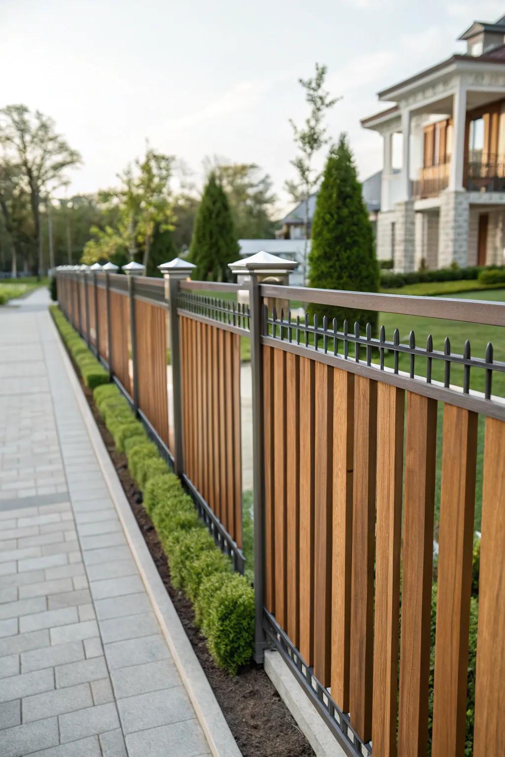 An elegant fence design making use of vertical timber planks and metal edging.