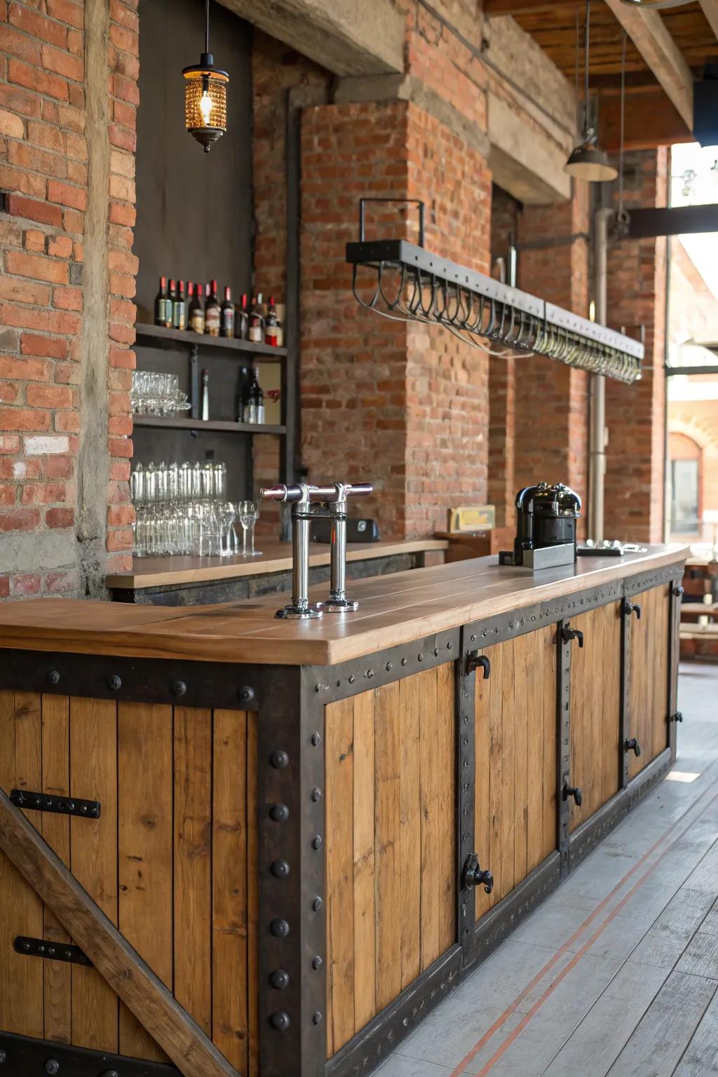 An industrial-style bar combining wood and metal elements.