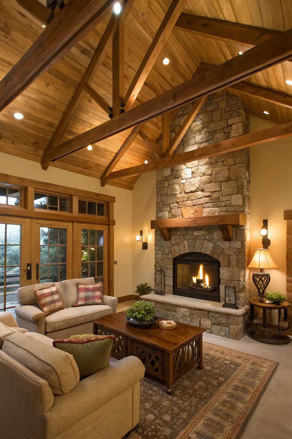Welcoming family space showcasing a hearth and wood beams.