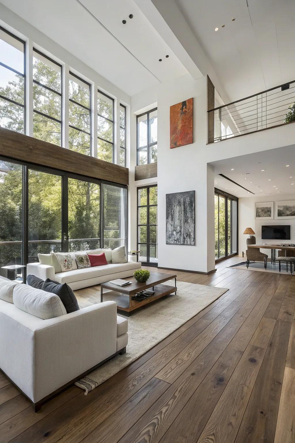 Contemporary space with wide plank wood flooring.