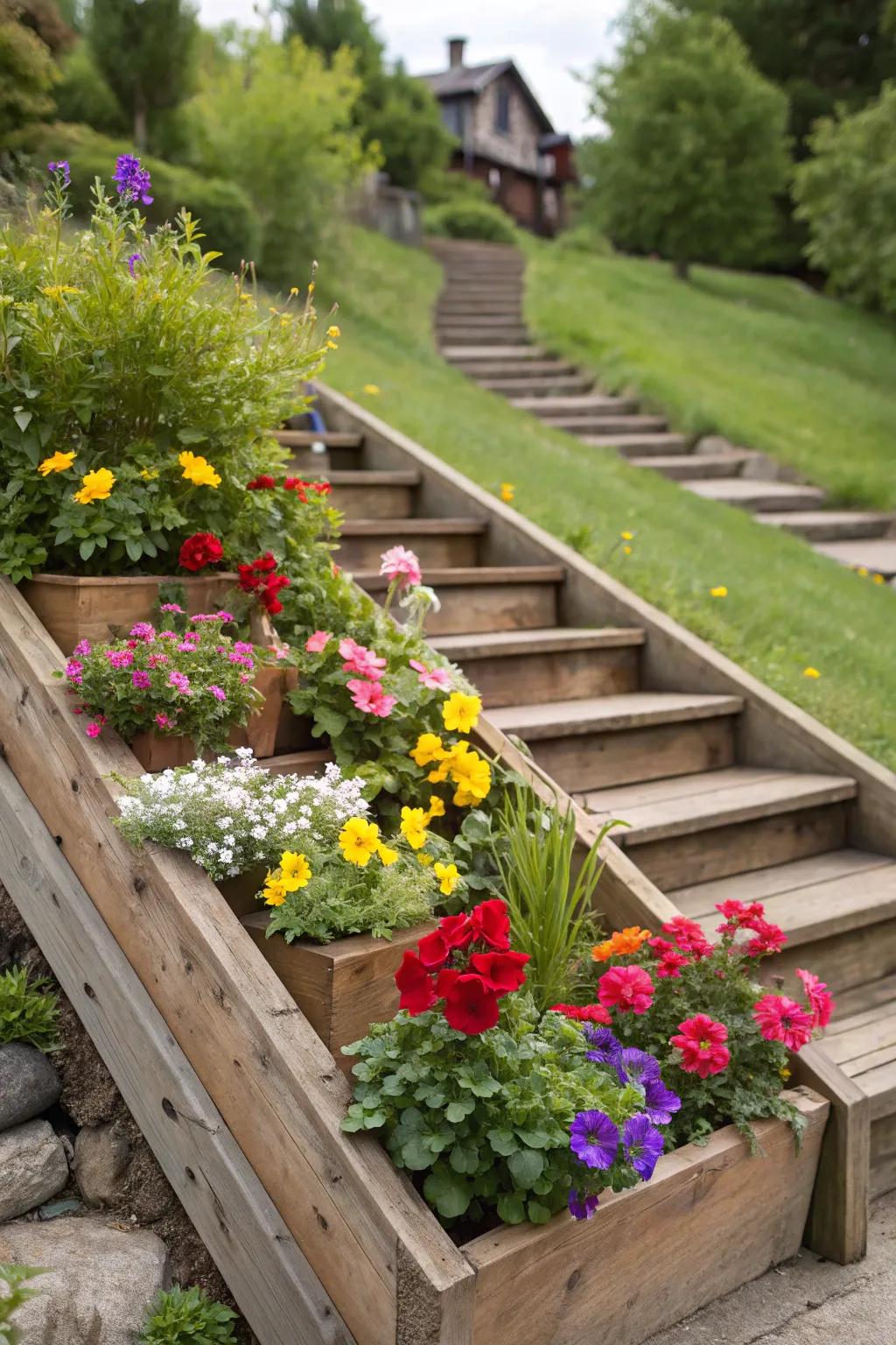 Include dimensions to your garden using tiered step planters.