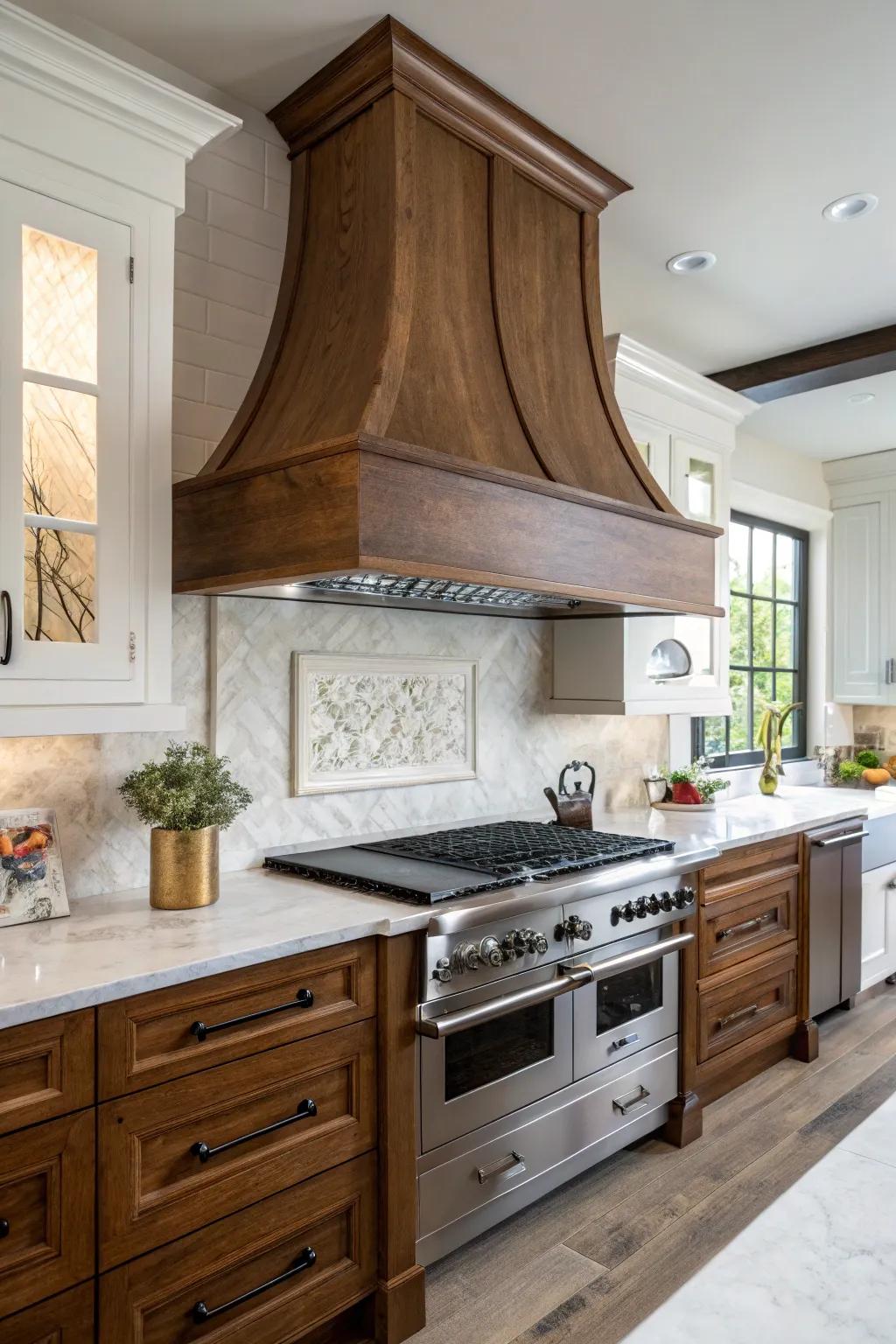 A bold wooden ventilation hood can serve as an eye-catching standout piece.