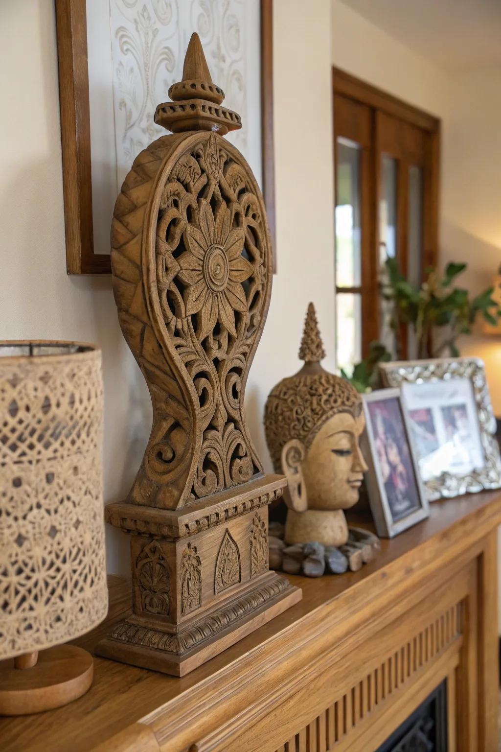Admire the artistry of detailed patterned wood sculptures.