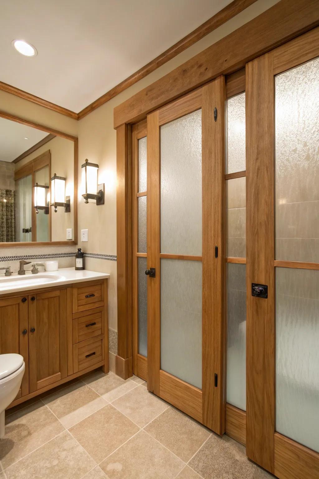 Frosted glass and wood create a harmonious blend of privacy and style.