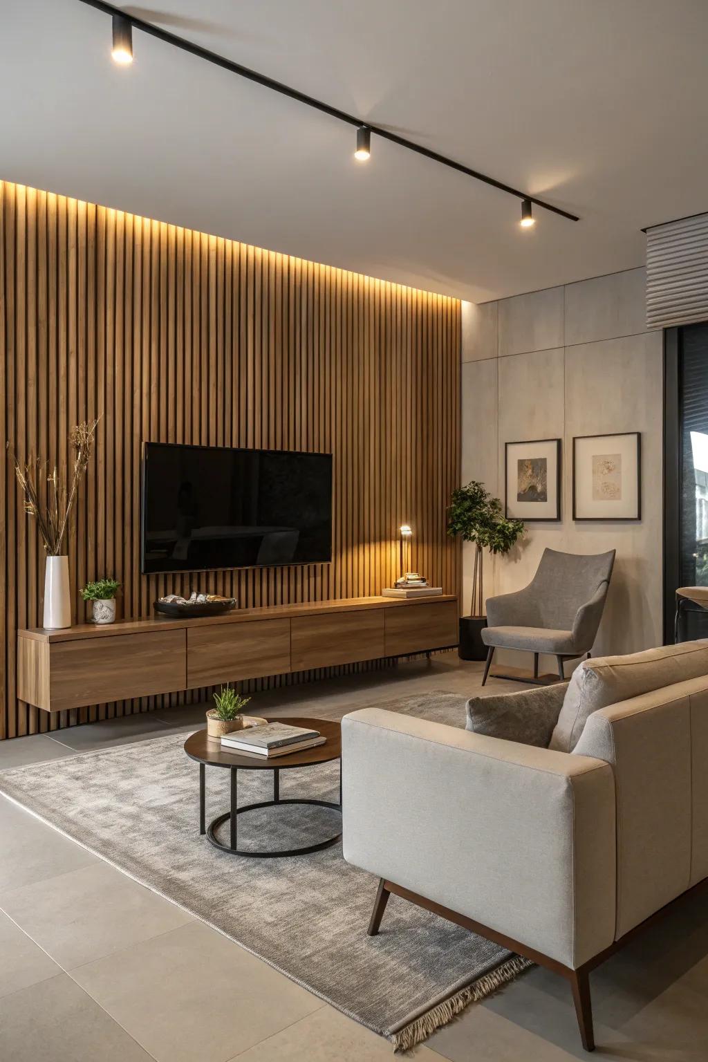 Upgrade your entertainment space with a timber slat TV background.