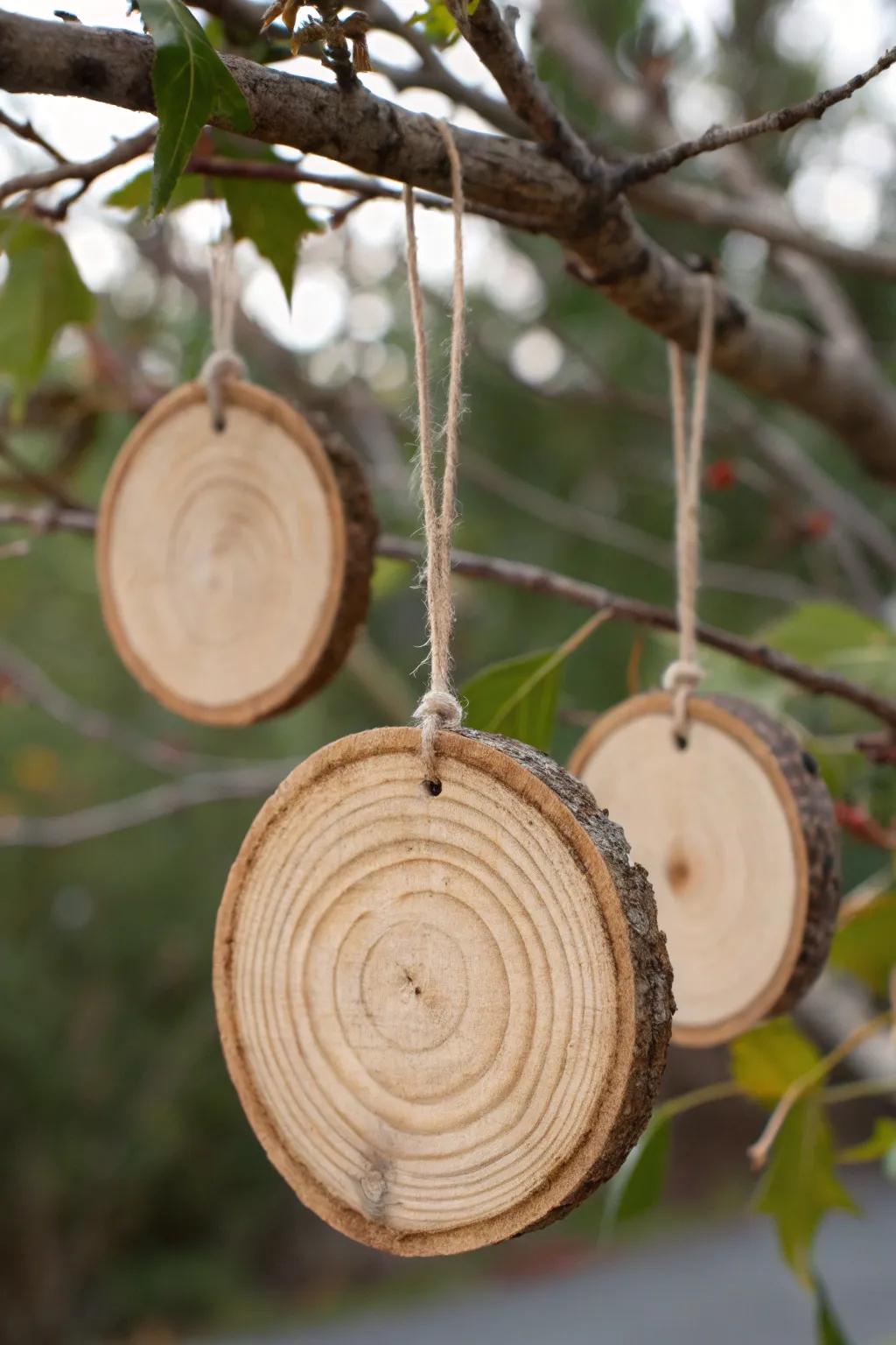 Raw wood texture shines through in these simple wooden decorations.