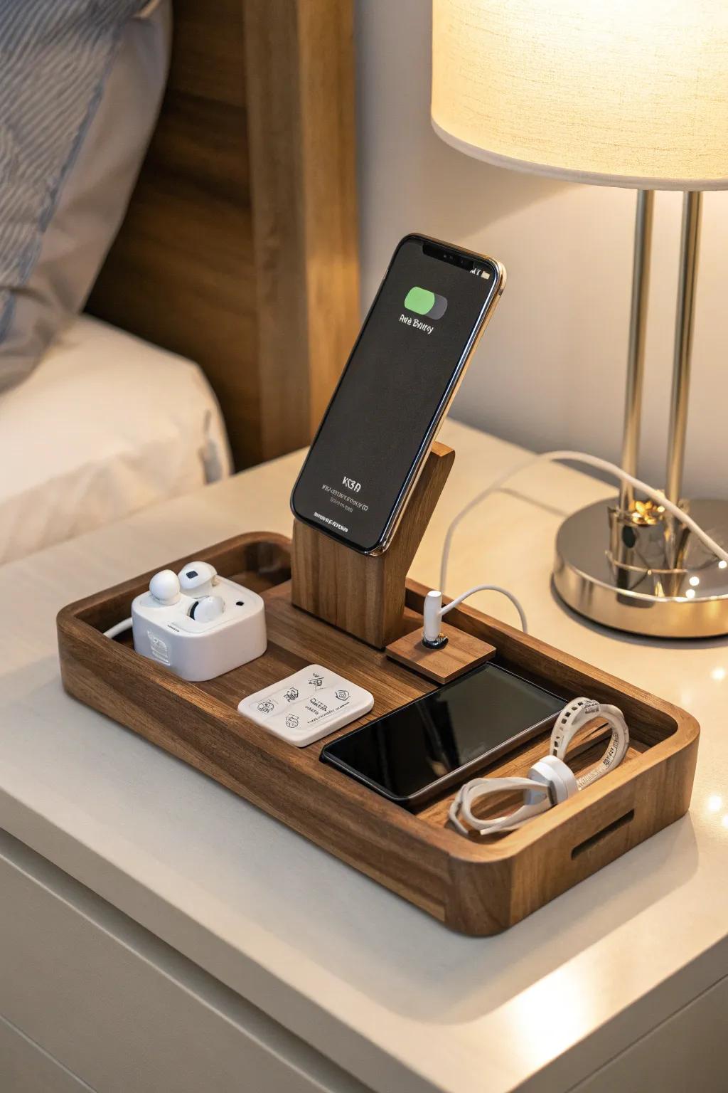 Timber docking stations maintain neat organization of your essentials.